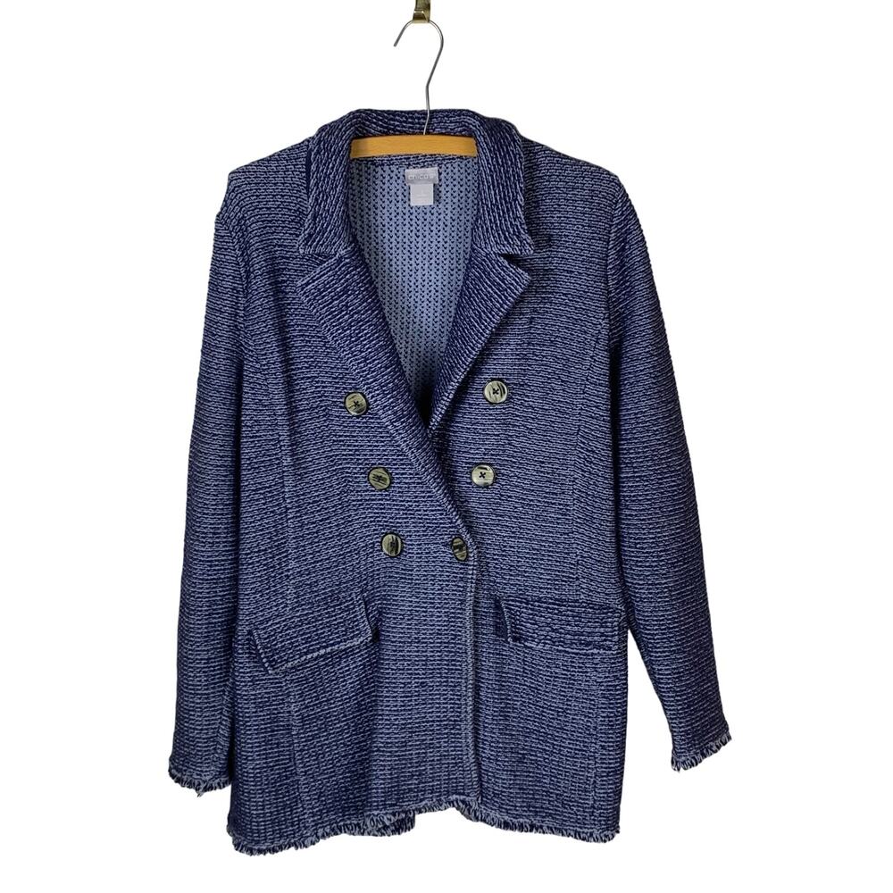 Chico's Blue Tweed Blazer Jacket Fringe Double Breasted Oversized Size 2 (L 12)